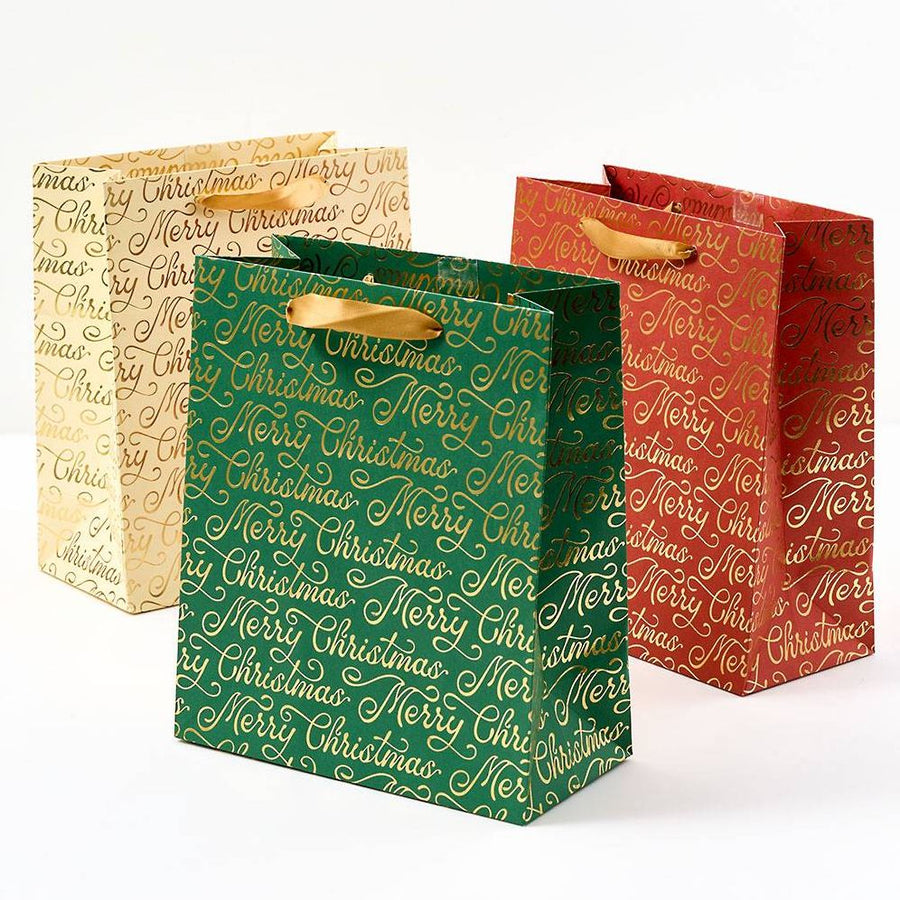Merry Christmas Script Multicolor Medium Gift Bags S/3